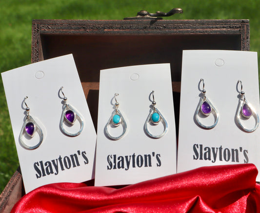 Handmade sterling silver earrings with genuine turquoise and amethyst stones