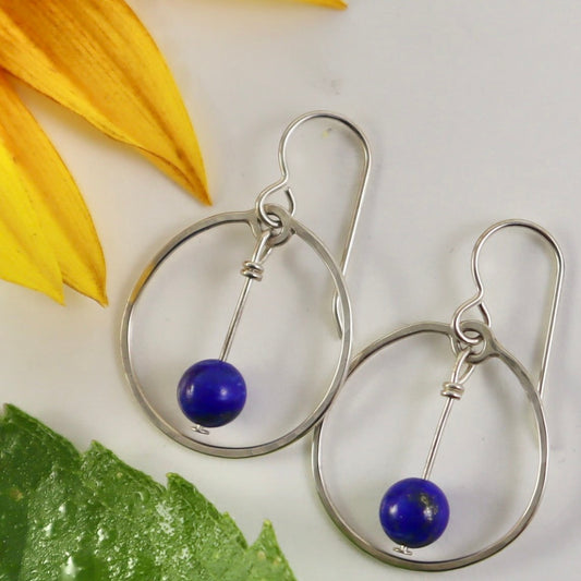handmade sterling silver hoop earrings with lapis, turquoise, carnelian and amethyst.