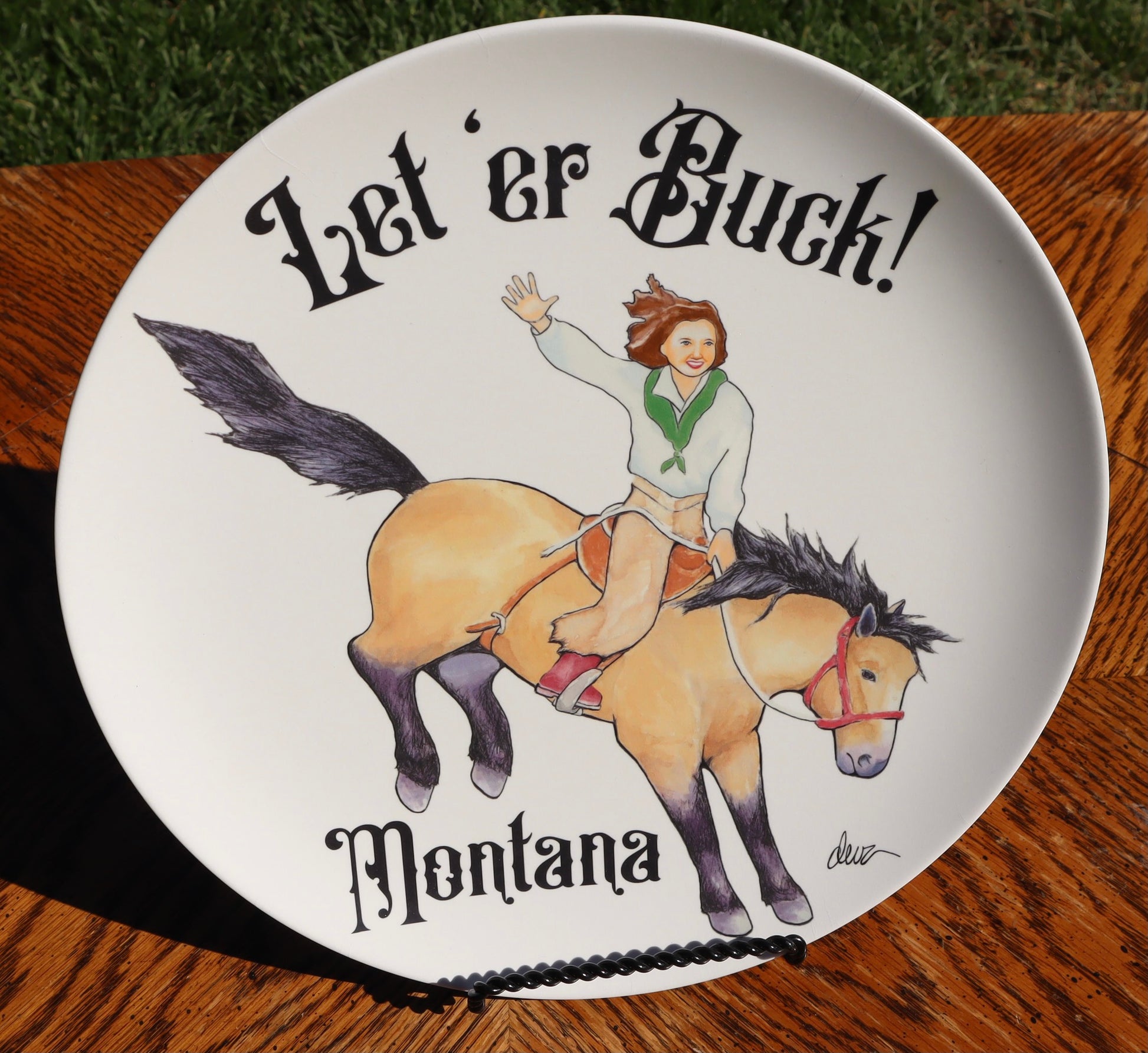 western style melamine dinner plate with cowgirl and bucking horse
